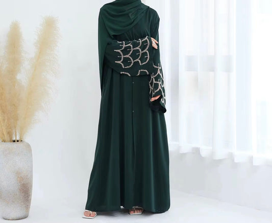 Madiha Beaded Sleeve Emerald Green Abaya