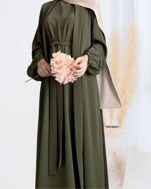 Yasmin Abaya 3 Piece Set in Olive Green