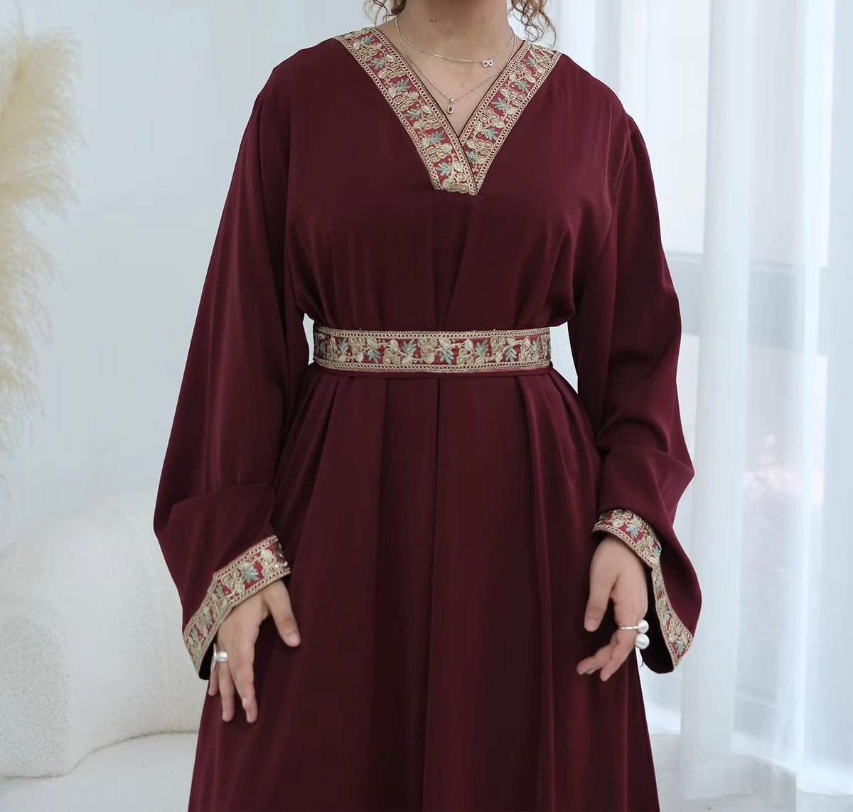 Layla Embroidered Abaya in Deep Red