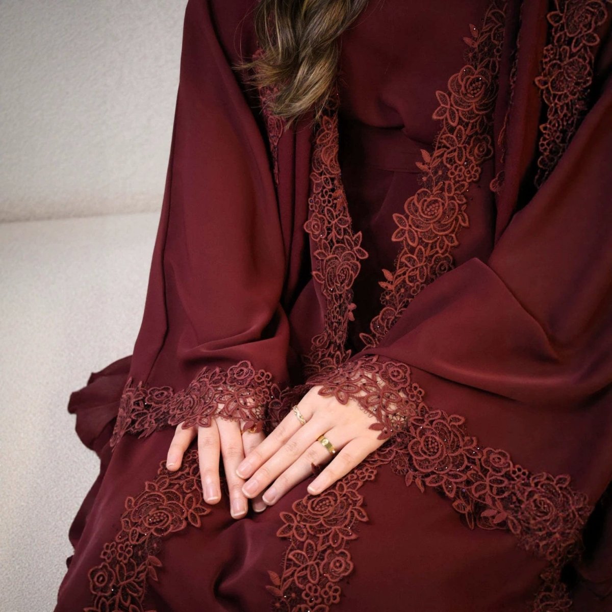 Mira Elegant 3 Piece Lace Abaya Set in Deep Red