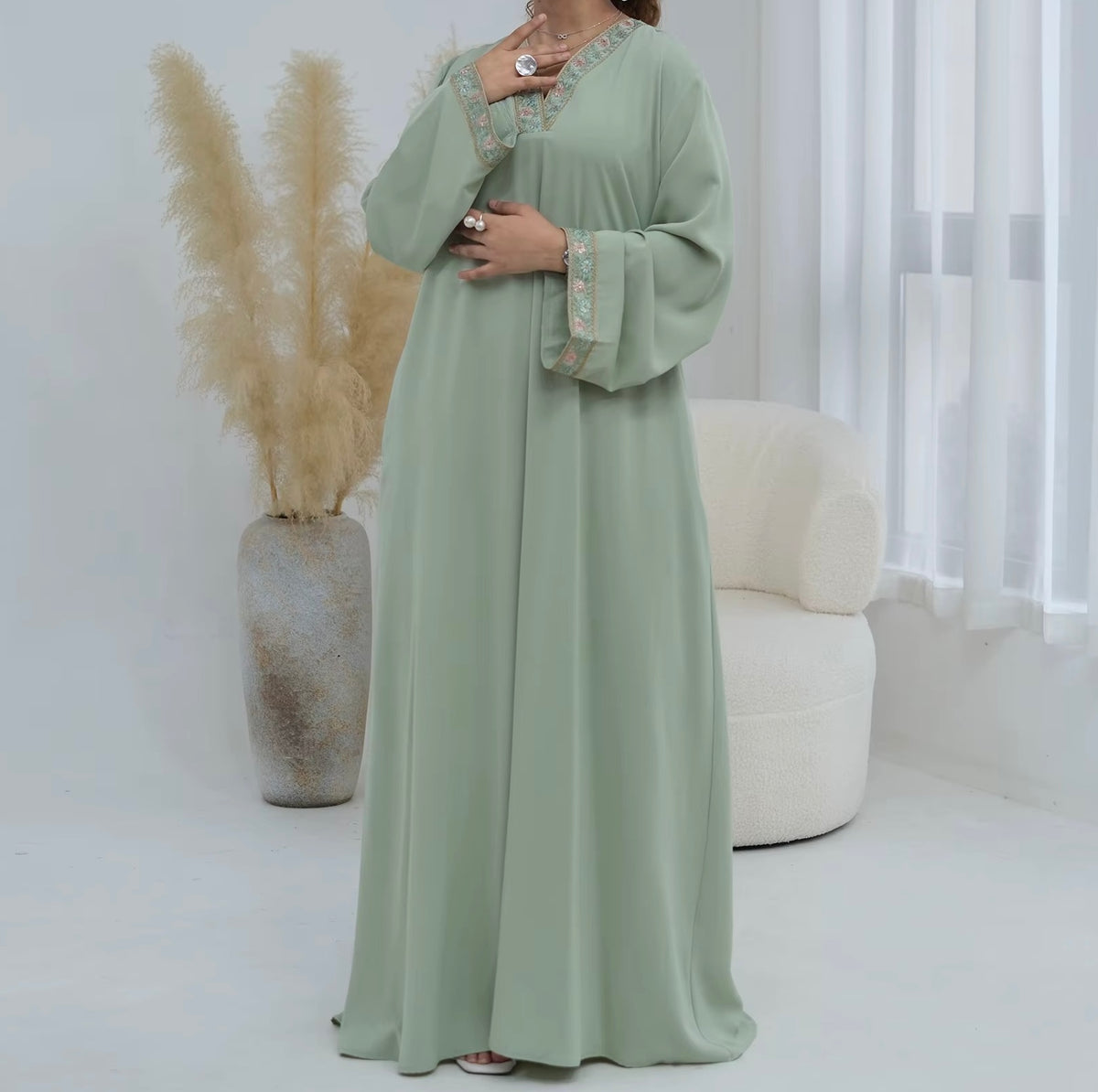 Layla Embroidered Abaya in Sage Green
