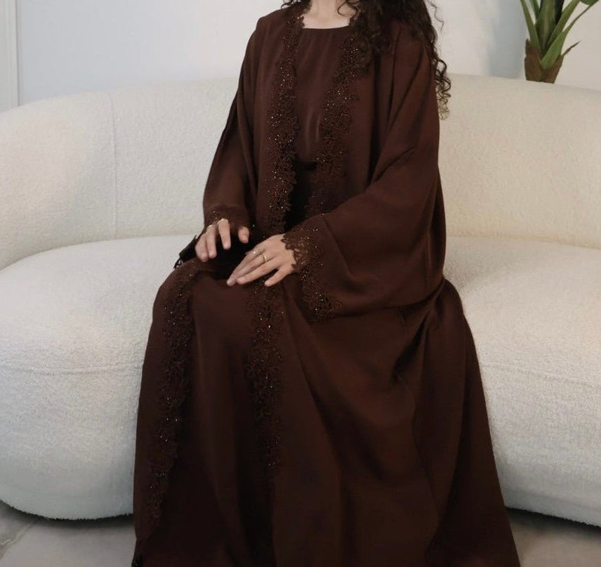 Mira Elegant 3 Piece Lace Abaya Set in Coffee Brown