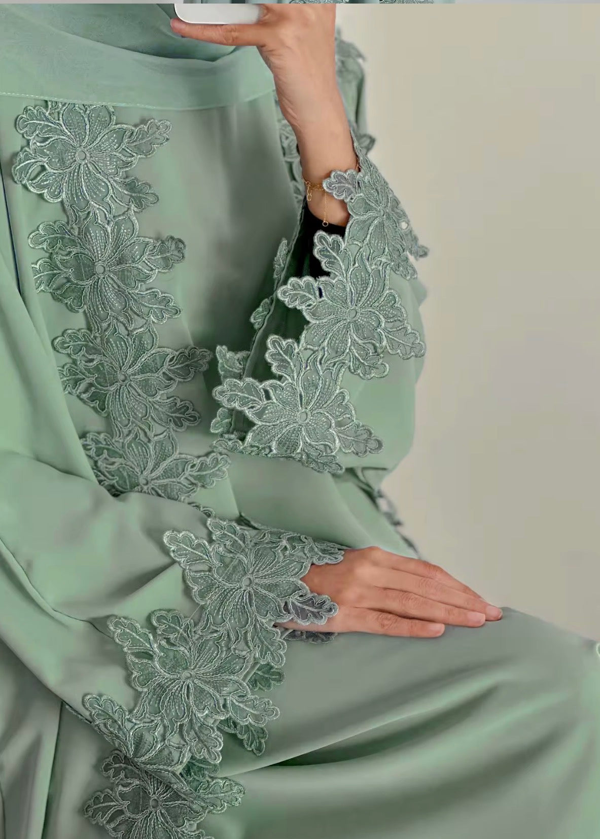 Areej Abaya | 2-Piece Lace Abaya Set in Sage Green