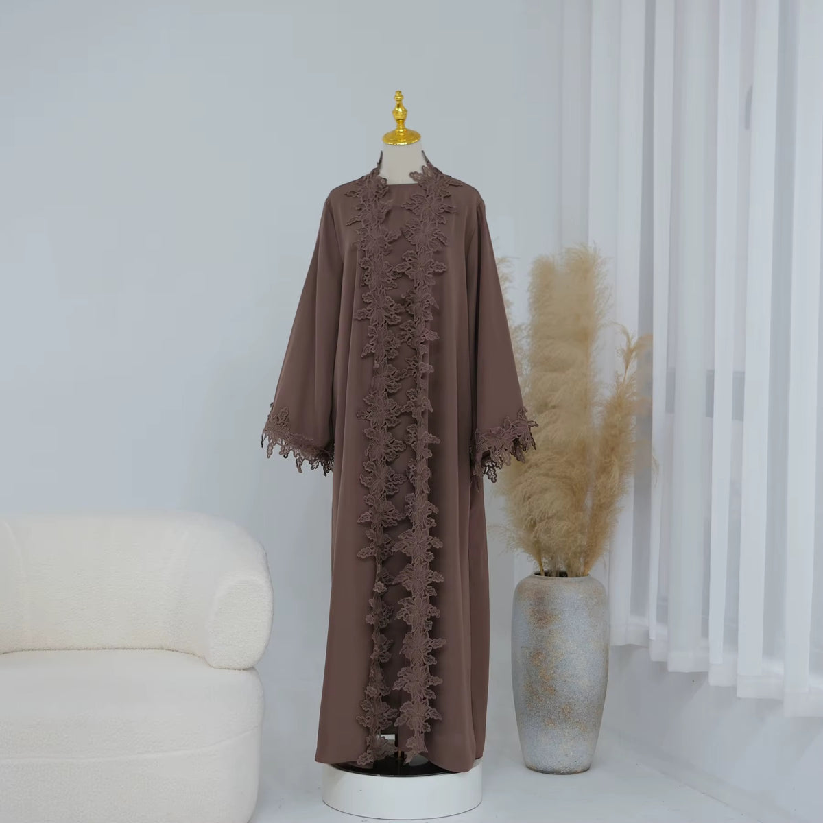 Areej Abaya | 2-Piece Lace Abaya Set in Taupe