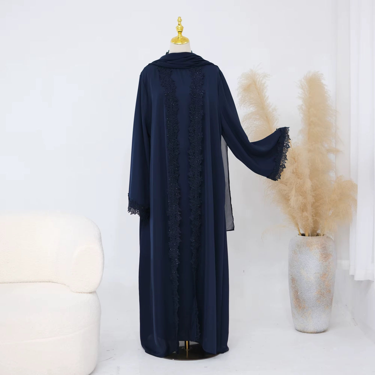 Mira Elegant 3 Piece Lace Abaya Set in Navy Blue