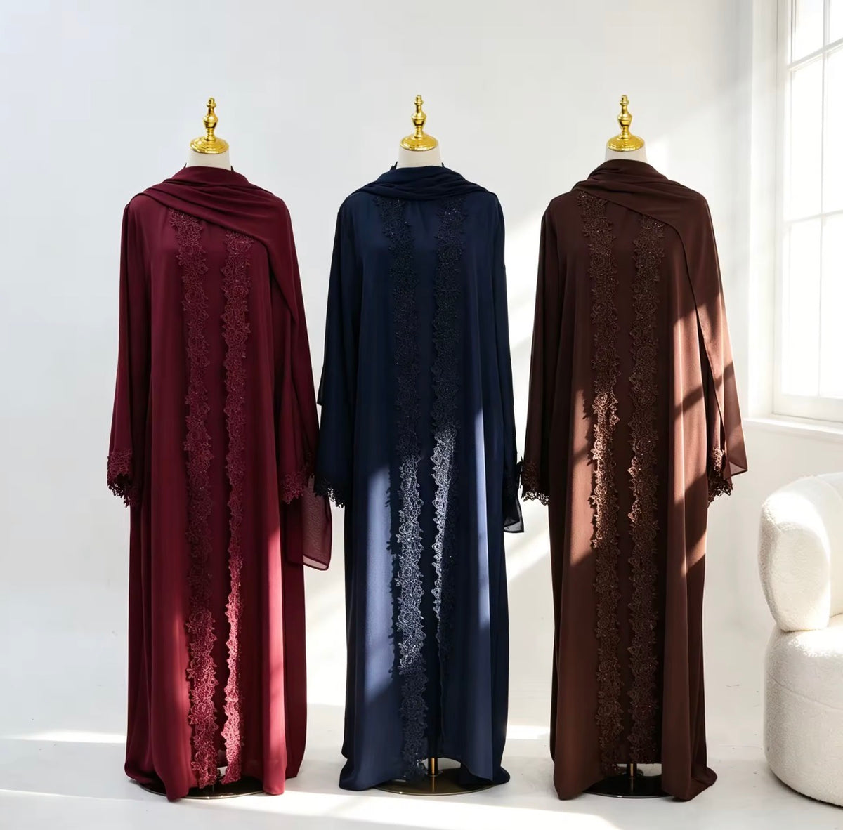 Mira Elegant 3 Piece Lace Abaya Set in Coffee Brown