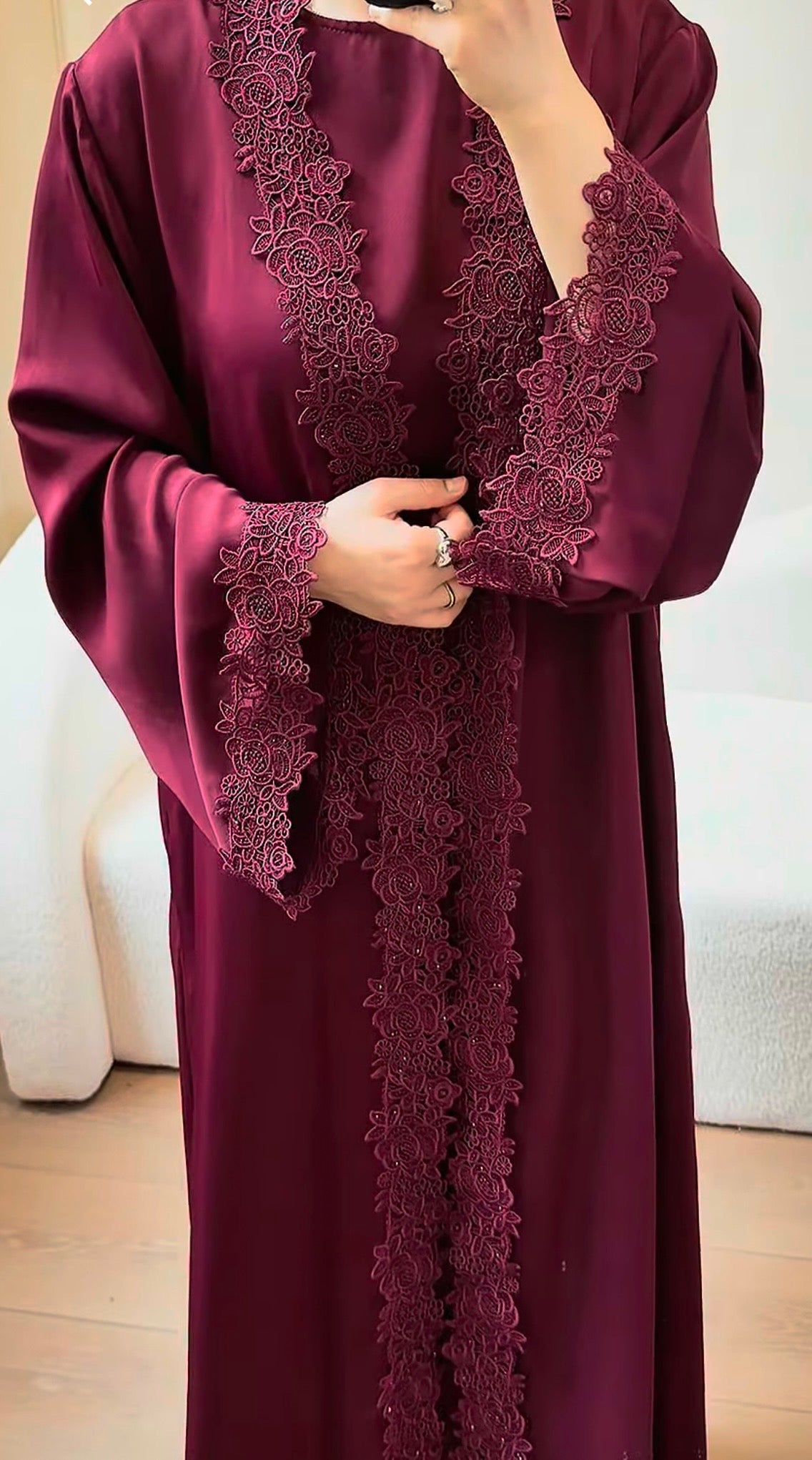 Mira Elegant 3 Piece Lace Abaya Set in Deep Red