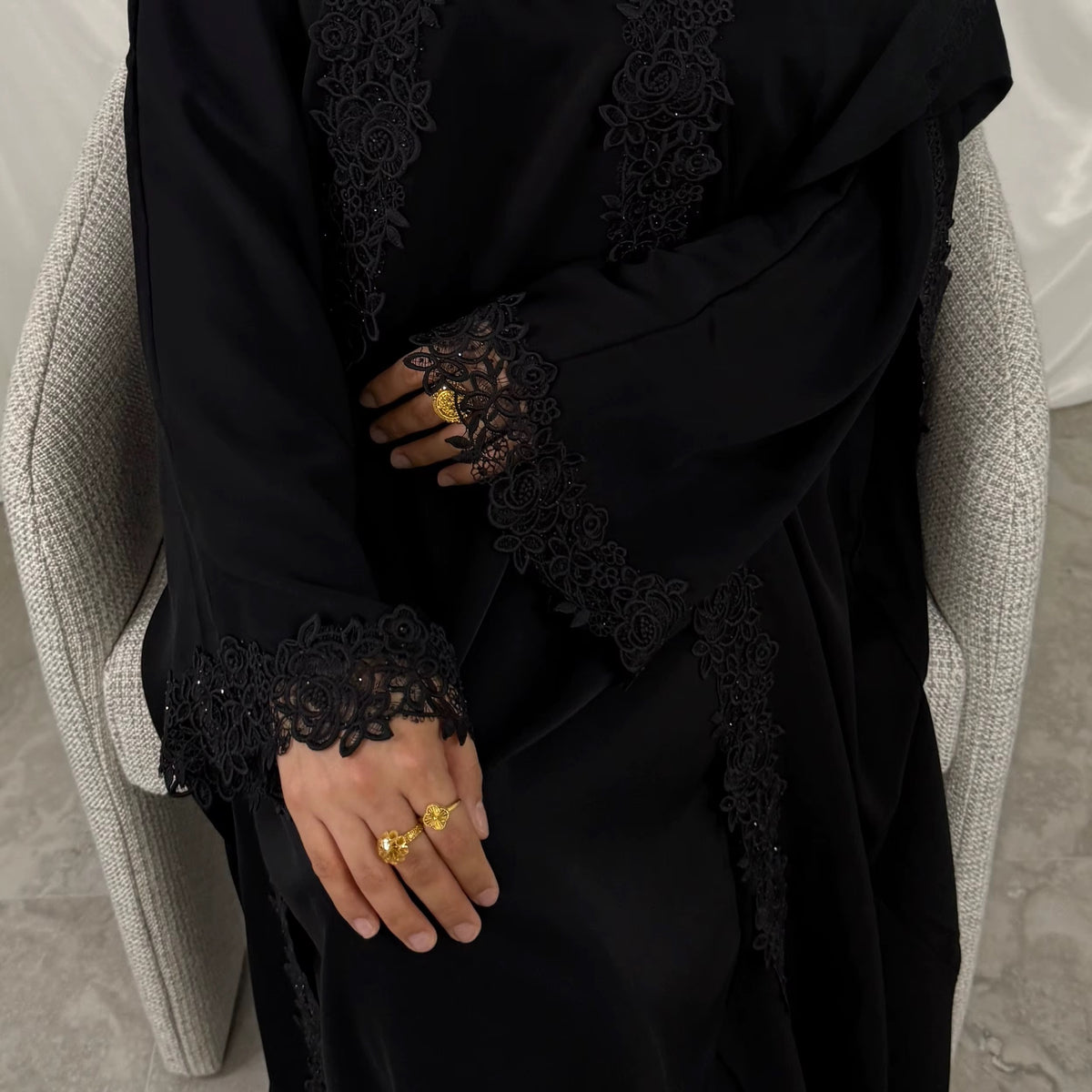 Mira Elegant 3 Piece Lace Abaya Set in Black