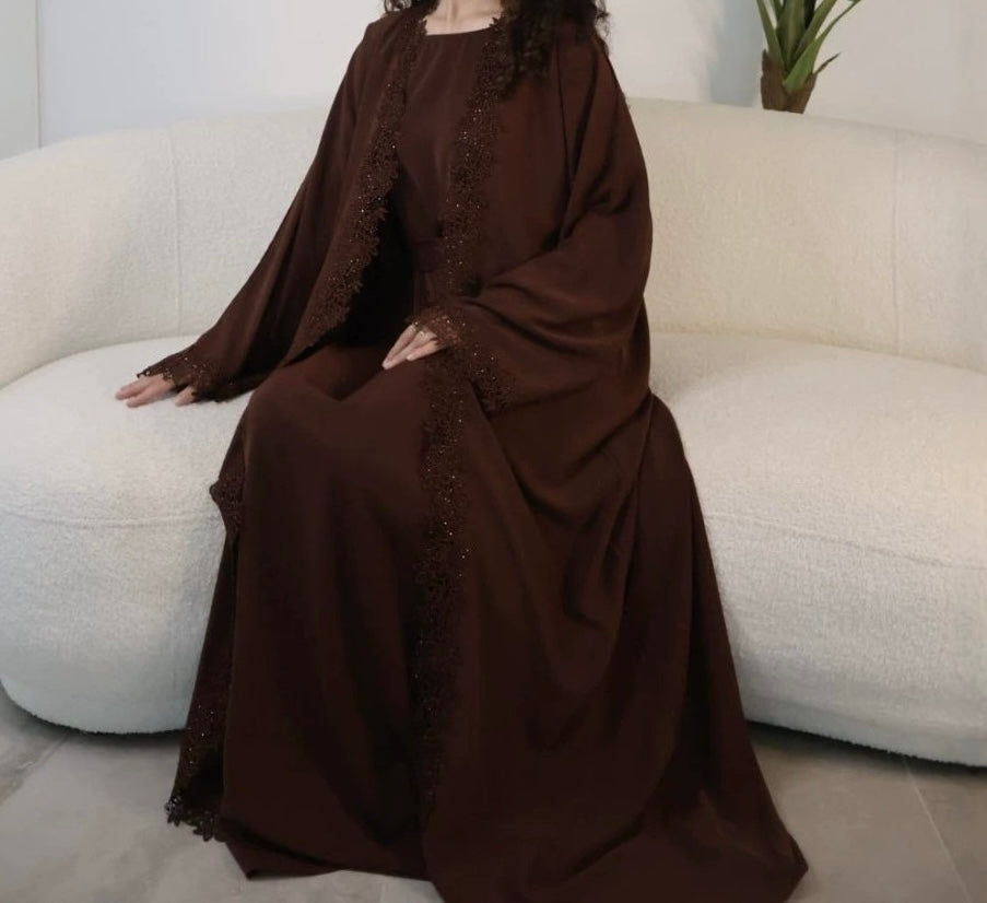 Mira Elegant 3 Piece Lace Abaya Set in Coffee Brown
