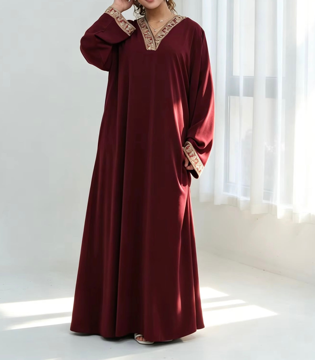 Layla Embroidered Abaya in Deep Red