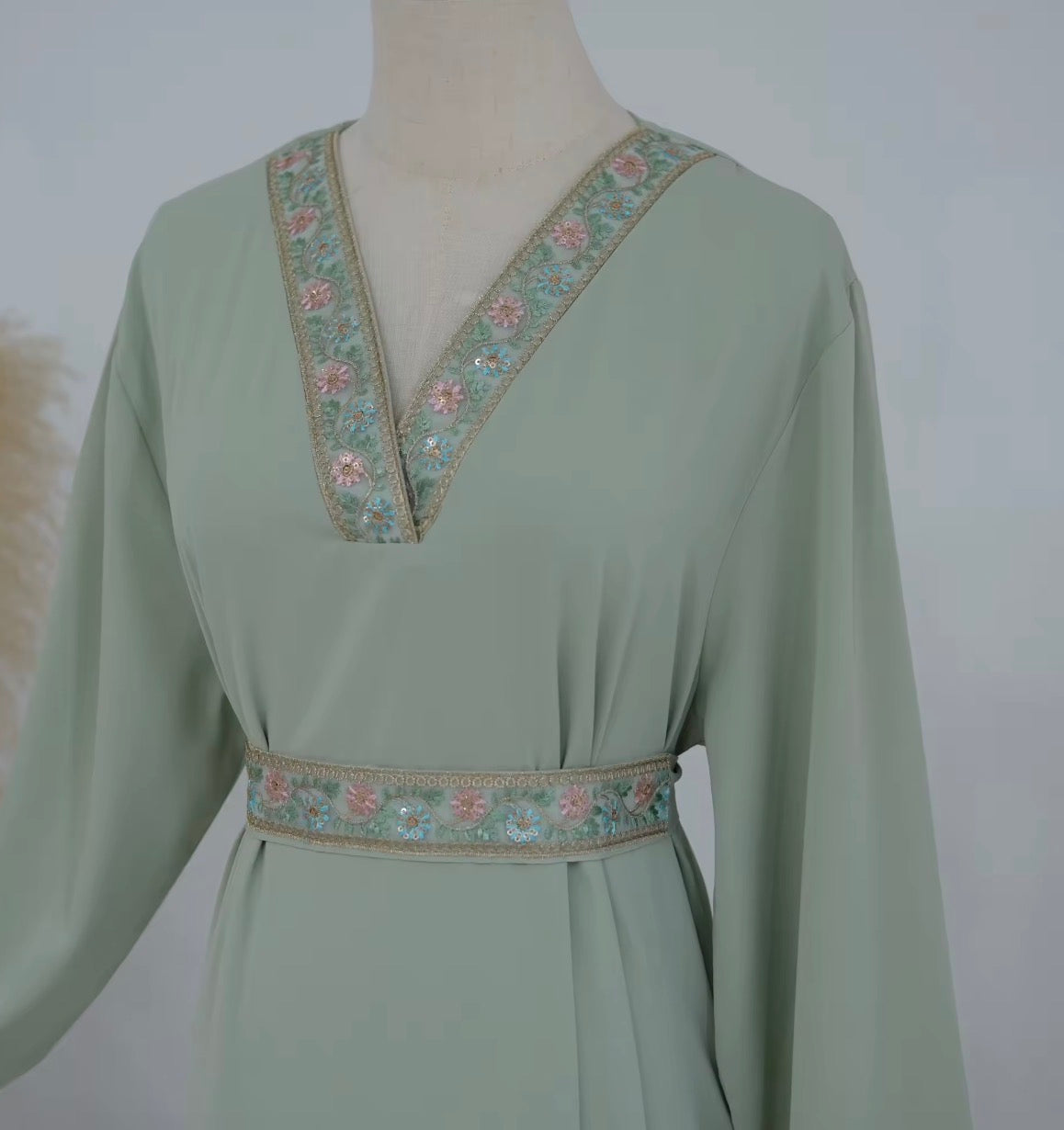 Layla Embroidered Abaya in Sage Green
