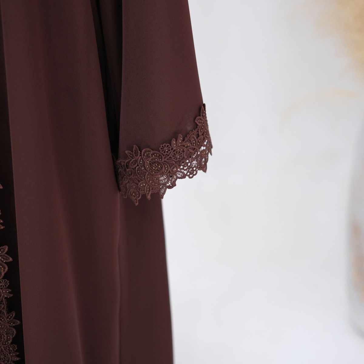 Mira Elegant 3 Piece Lace Abaya Set in Coffee Brown