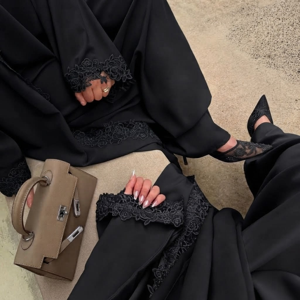 Mira Elegant 3 Piece Lace Abaya Set in Black