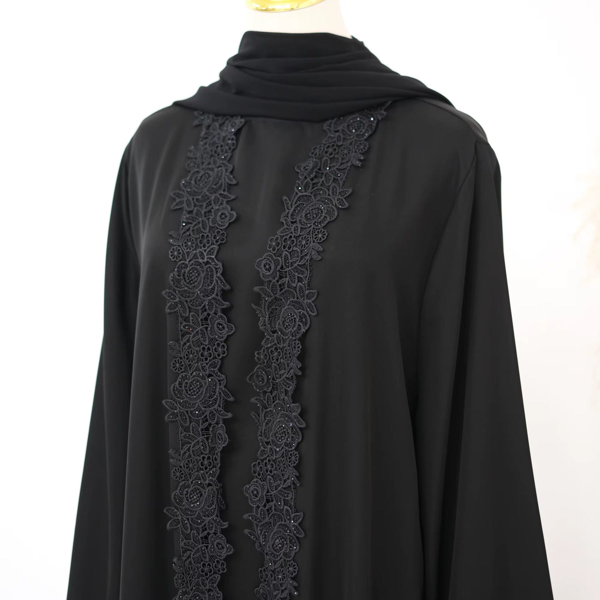 Mira Elegant 3 Piece Lace Abaya Set in Black