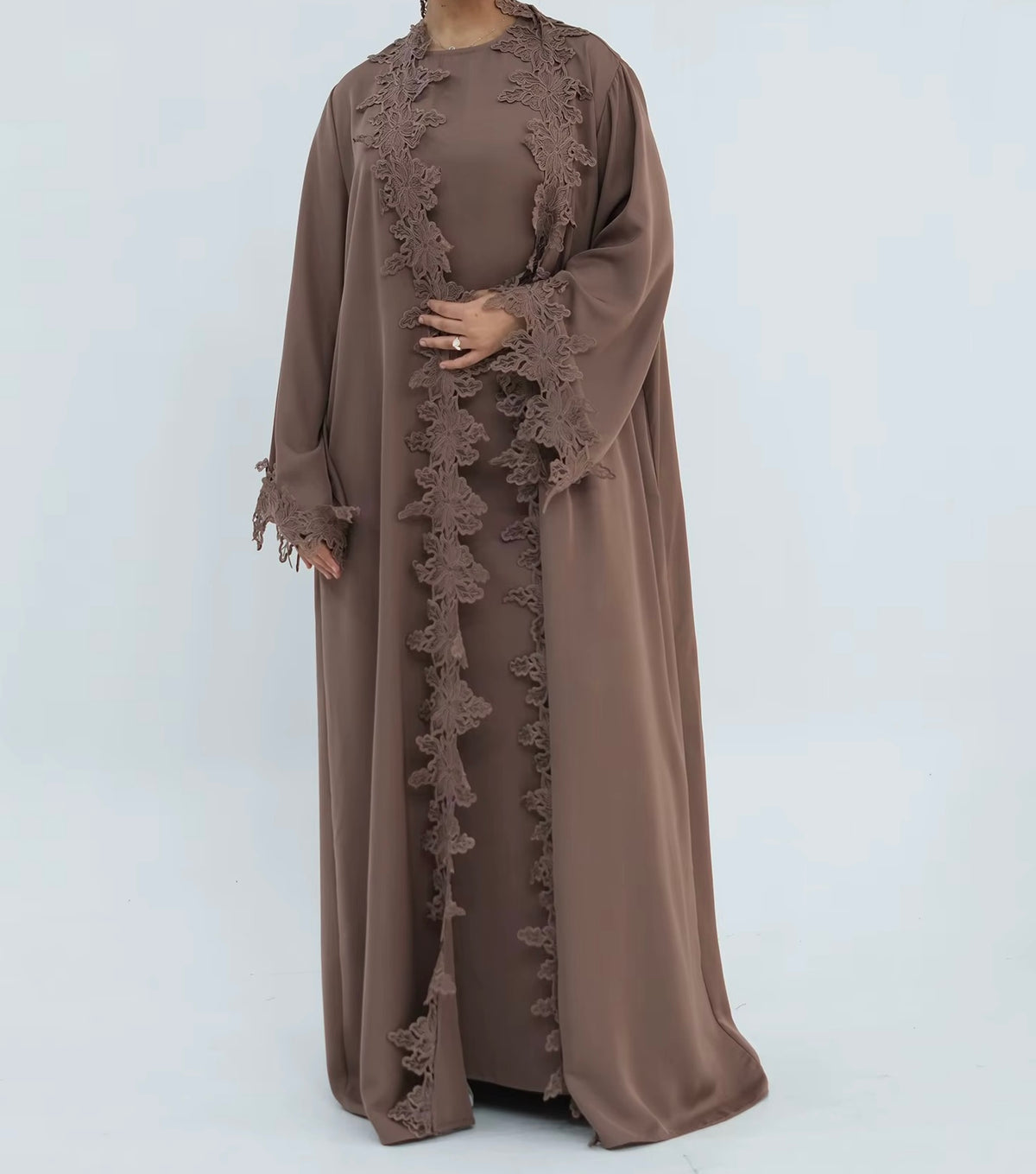 Areej Abaya | 2-Piece Lace Abaya Set in Taupe