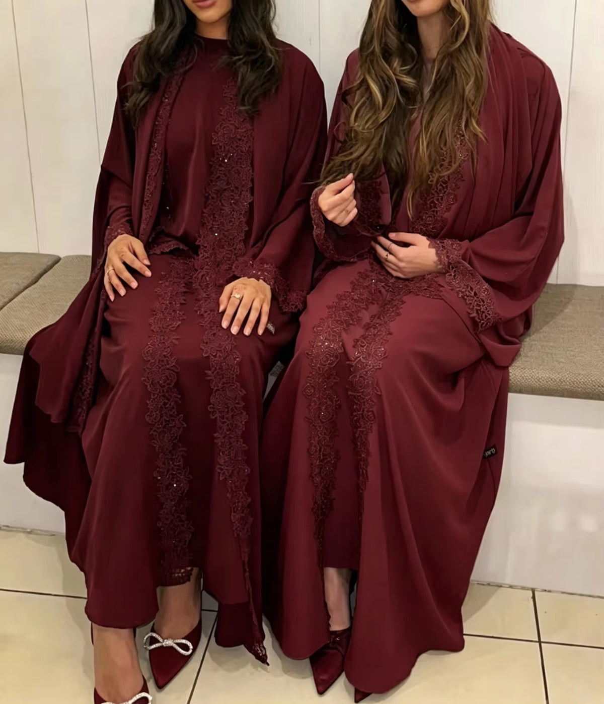 Mira Elegant 3 Piece Lace Abaya Set in Deep Red