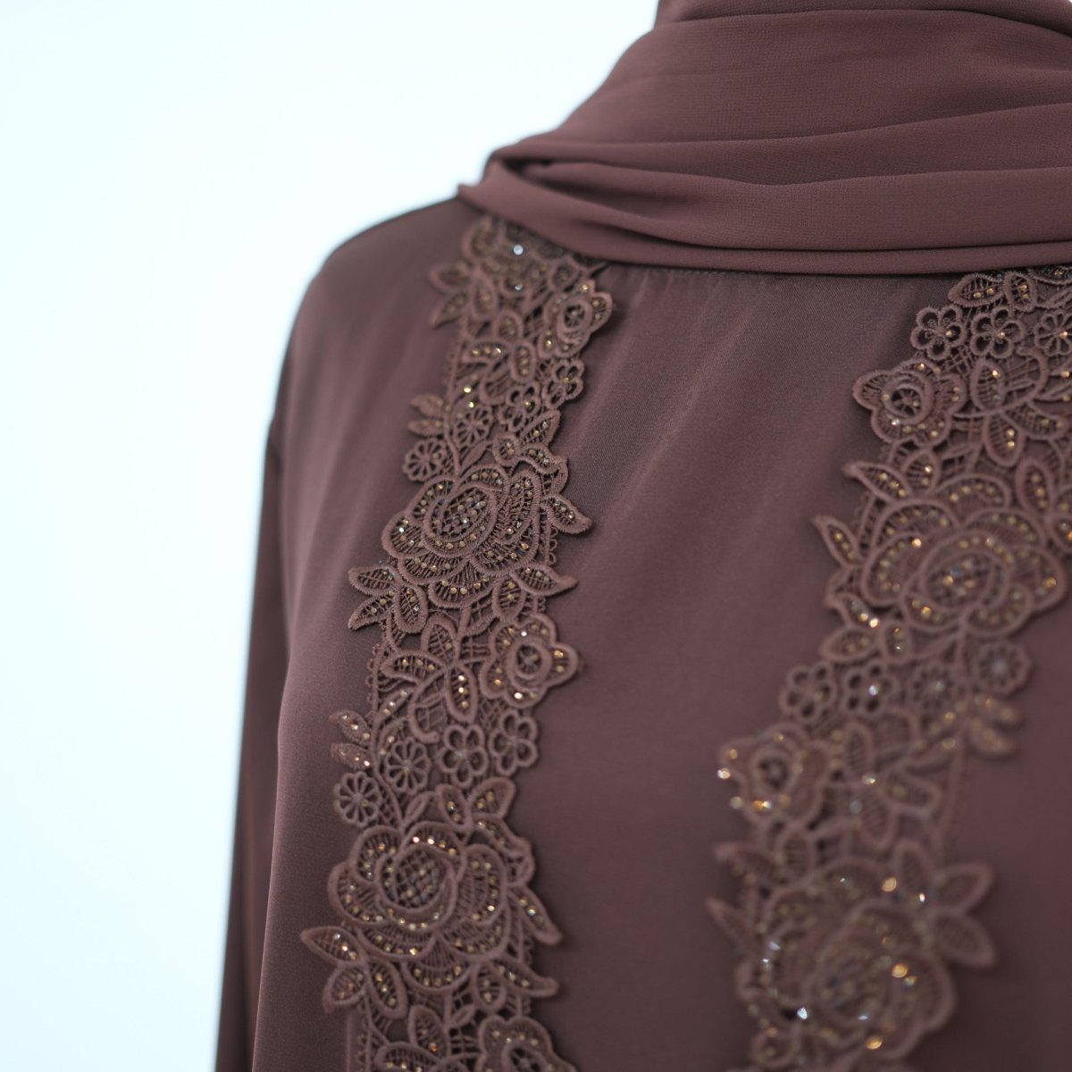 Mira Elegant 3 Piece Lace Abaya Set in Coffee Brown