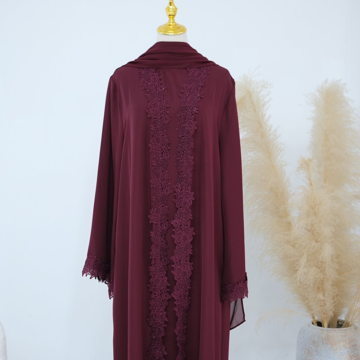 Mira Elegant 3 Piece Lace Abaya Set in Deep Red
