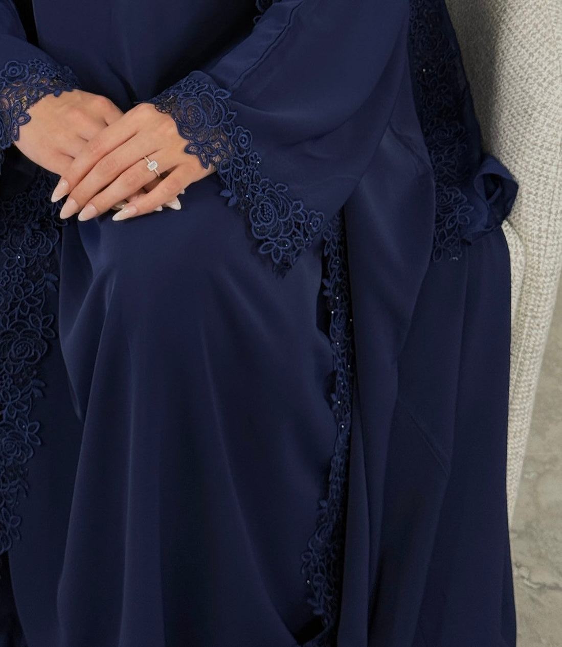 Mira Elegant 3 Piece Lace Abaya Set in Navy Blue
