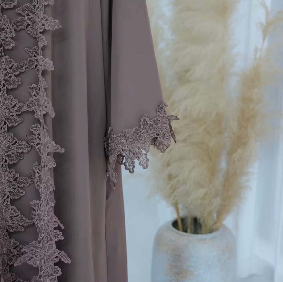 Areej Abaya | 2-Piece Lace Abaya Set in Taupe