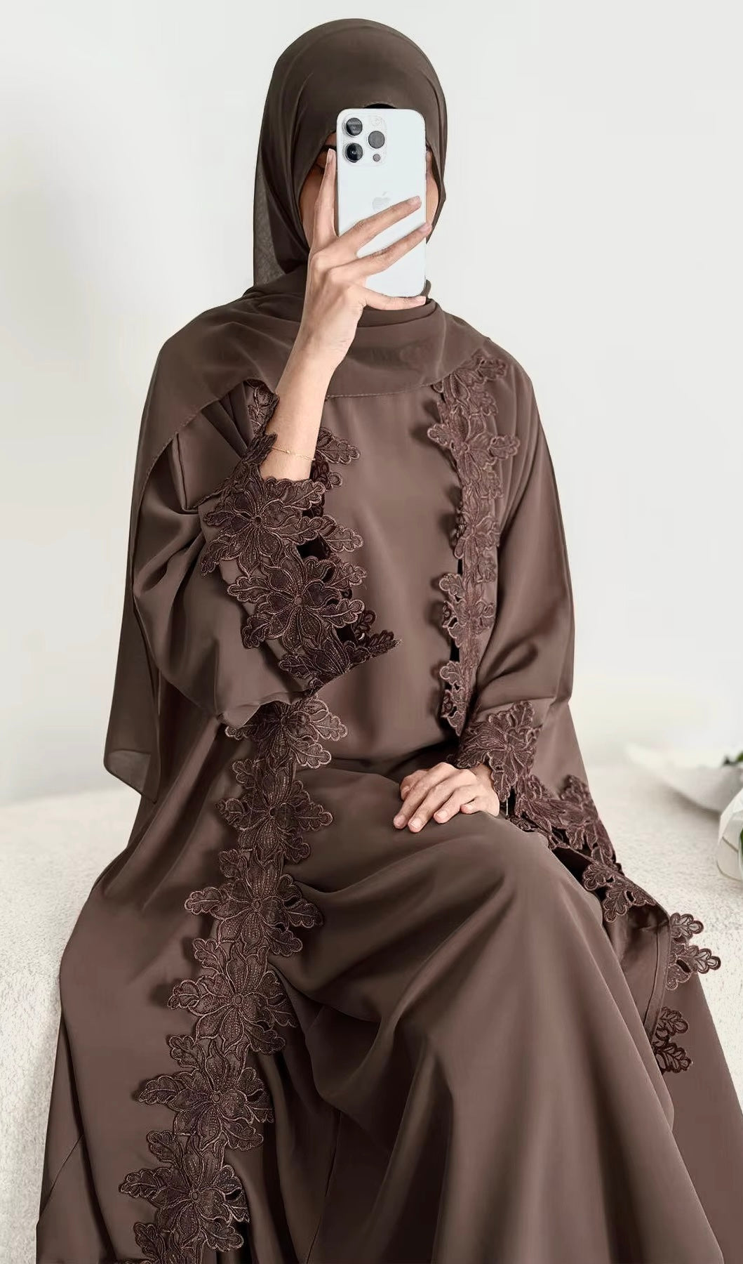 Areej Abaya | 2-Piece Lace Abaya Set in Taupe