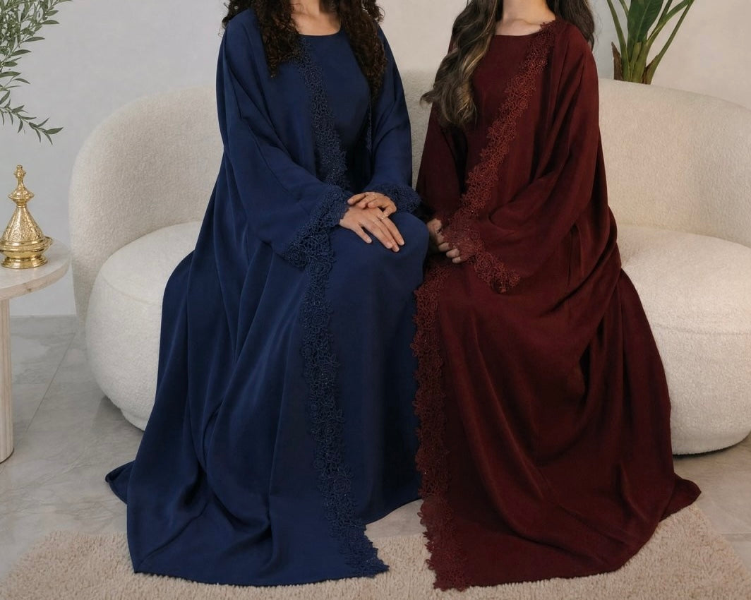 Mira Elegant 3 Piece Lace Abaya Set in Navy Blue