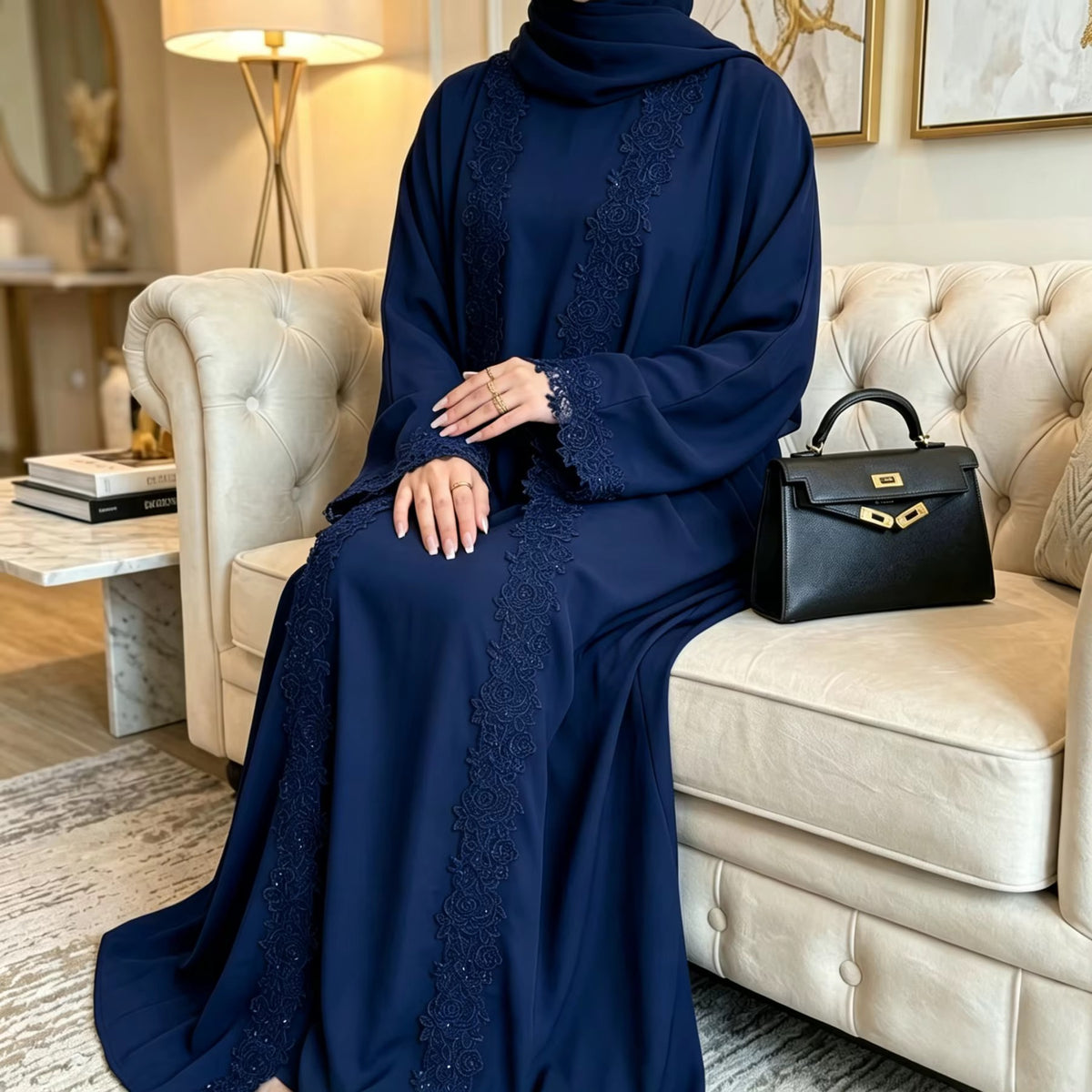 Mira Elegant 3 Piece Lace Abaya Set in Navy Blue