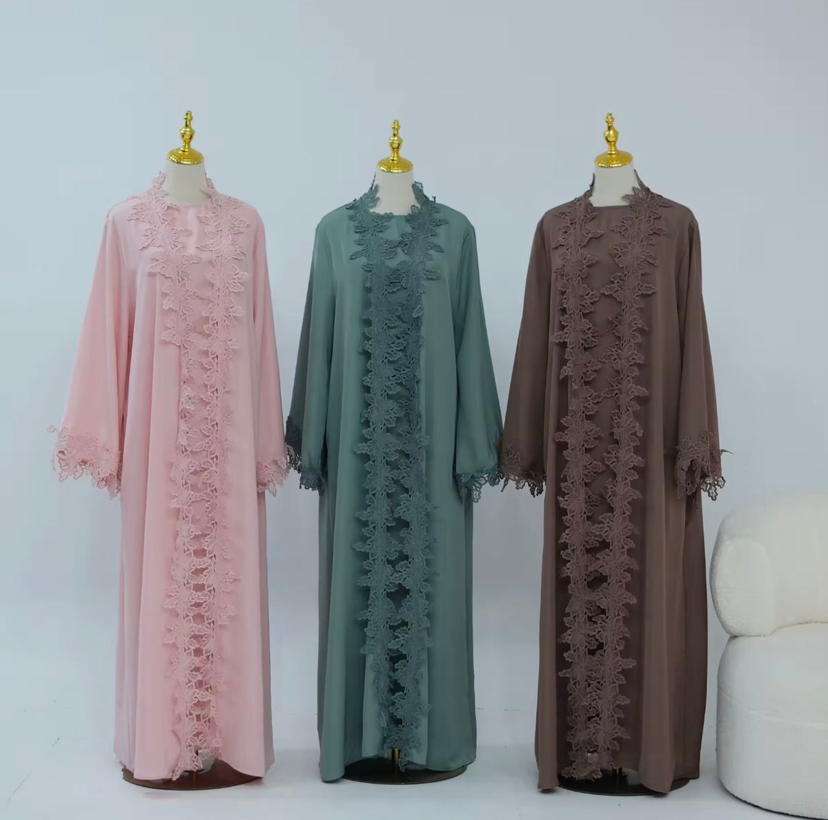 Areej Abaya | 2-Piece Lace Abaya Set in Taupe