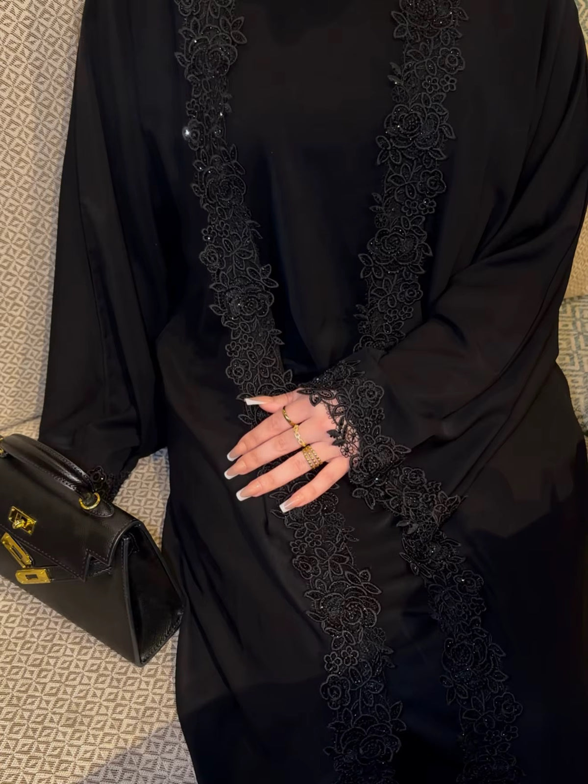 Mira Elegant 3 Piece Lace Abaya Set in Black