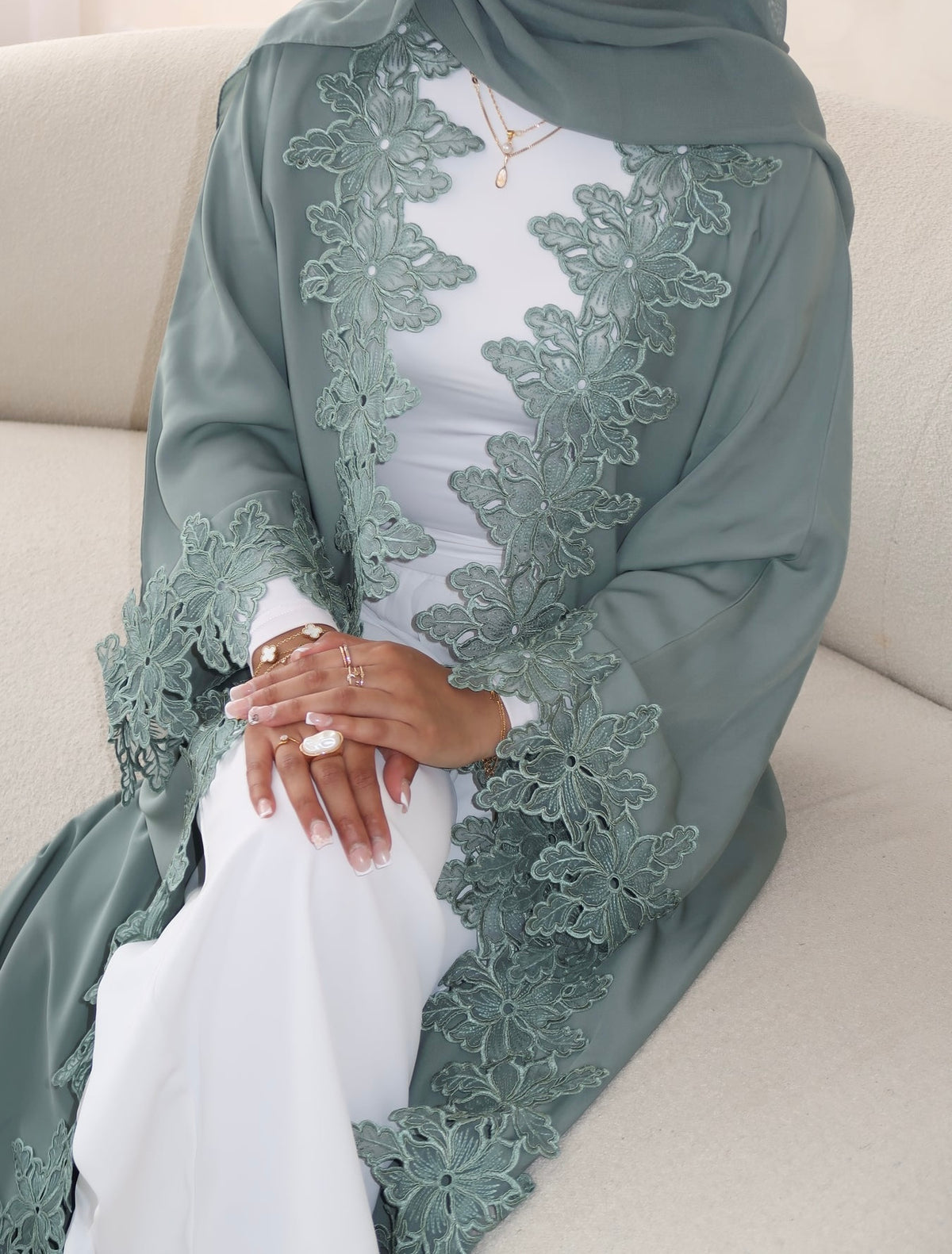 Areej Abaya | 2-Piece Lace Abaya Set in Sage Green