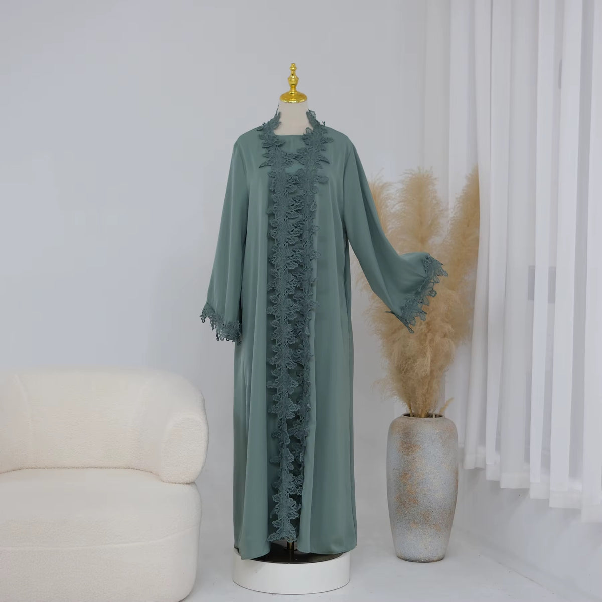 Areej Abaya | 2-Piece Lace Abaya Set in Sage Green