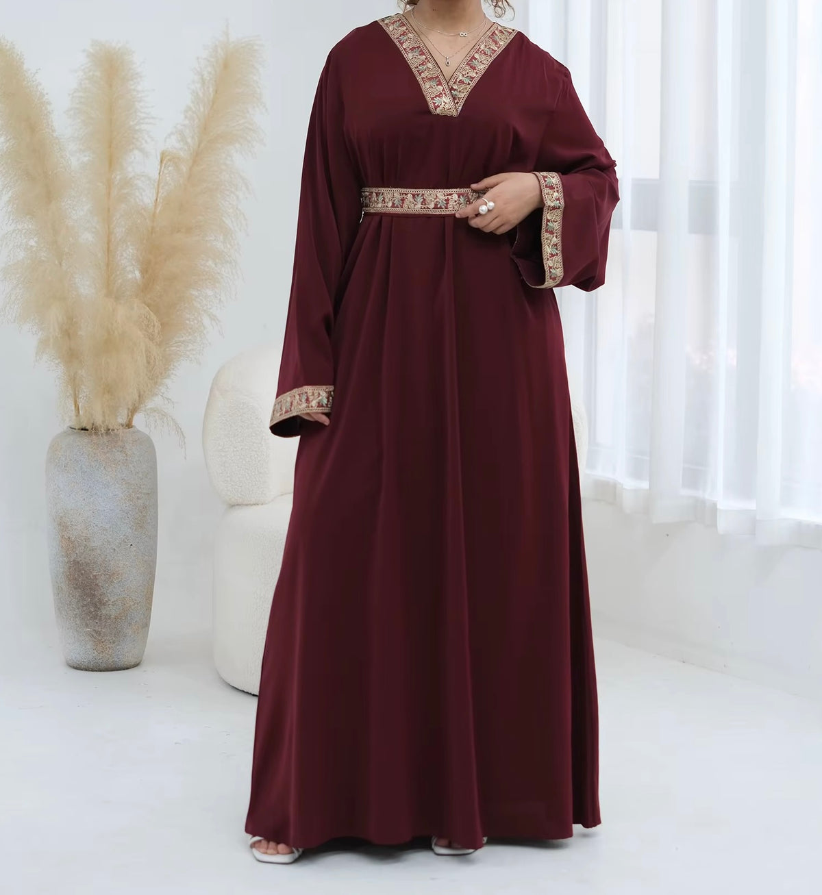Layla Embroidered Abaya in Deep Red