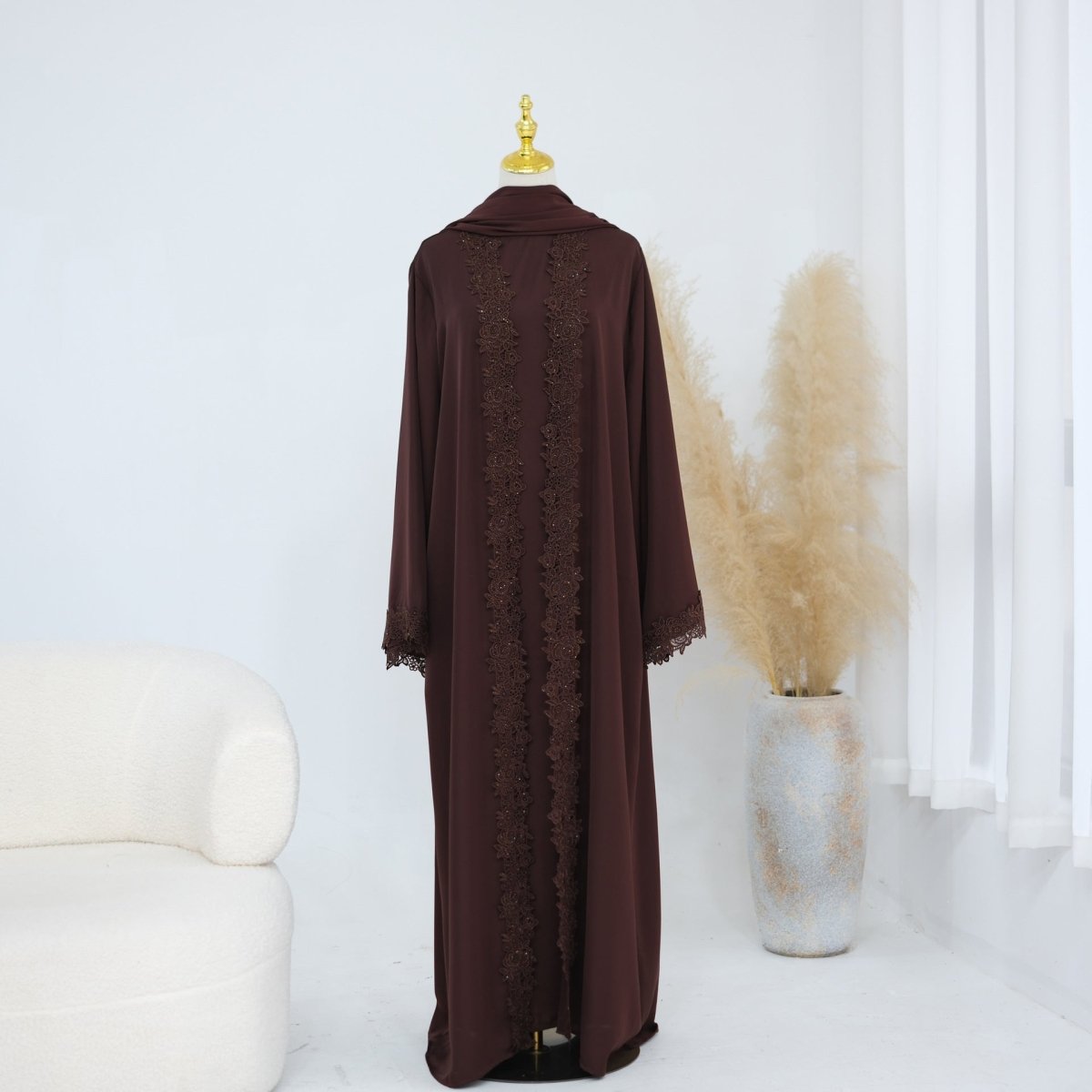 Mira Elegant 3 Piece Lace Abaya Set in Coffee Brown