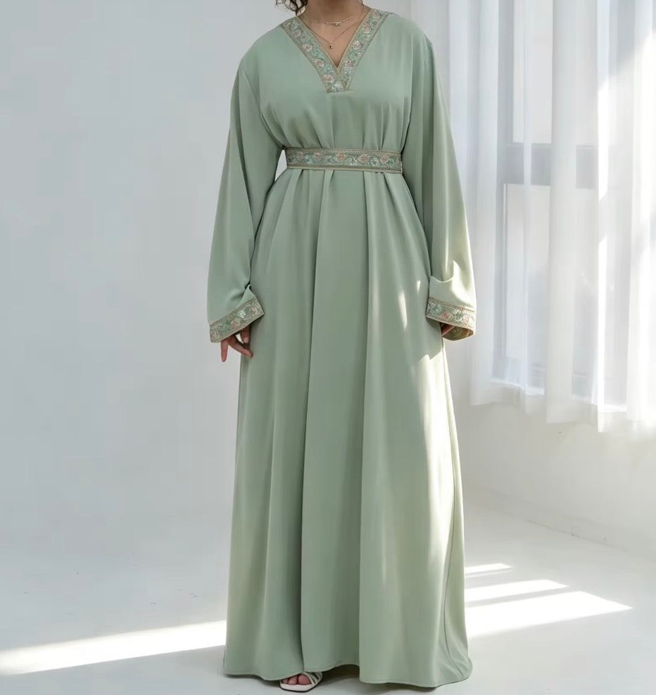 Layla Embroidered Abaya in Sage Green