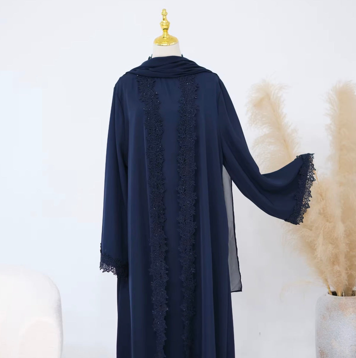 Mira Elegant 3 Piece Lace Abaya Set in Navy Blue