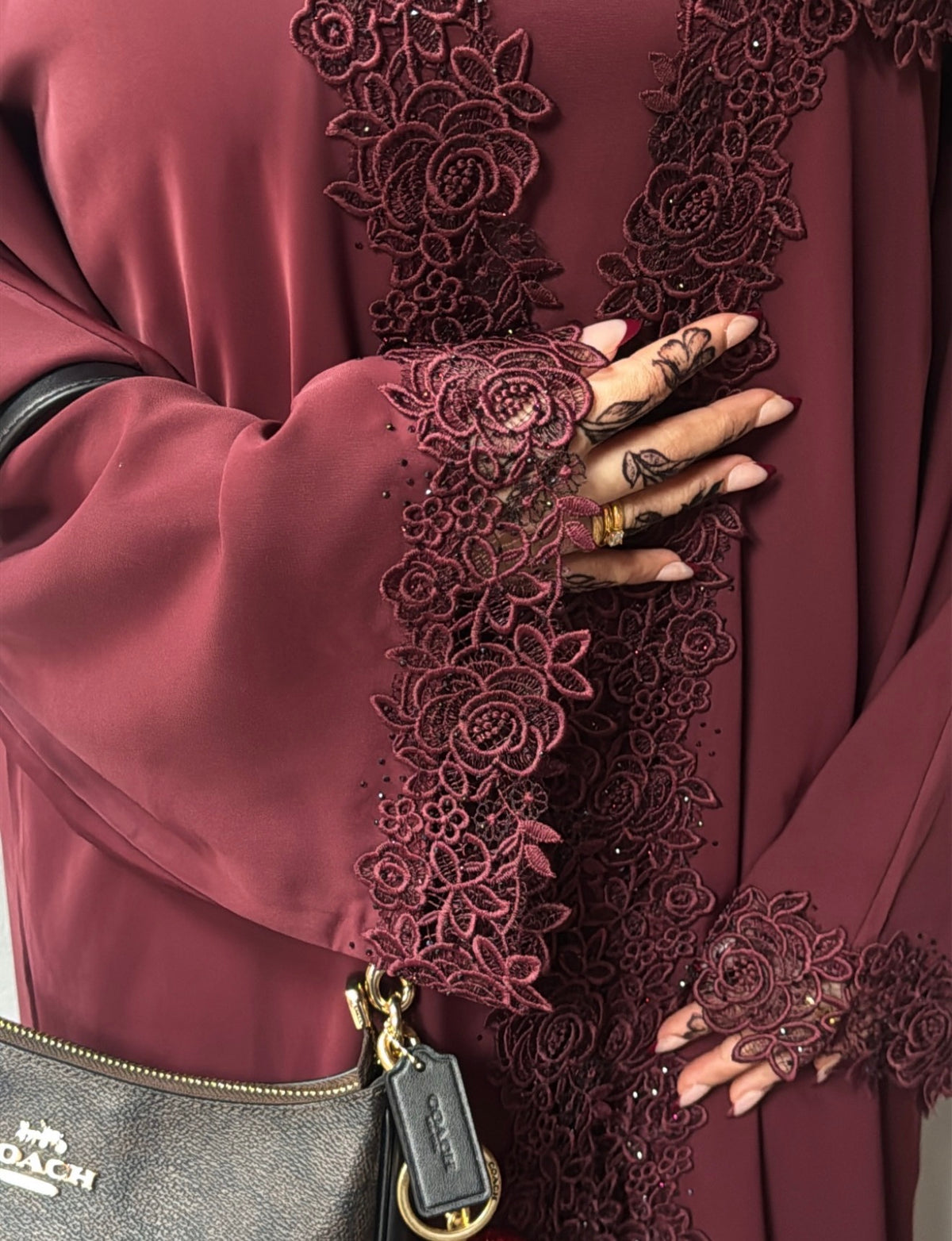 Mira Elegant 3 Piece Lace Abaya Set in Deep Red