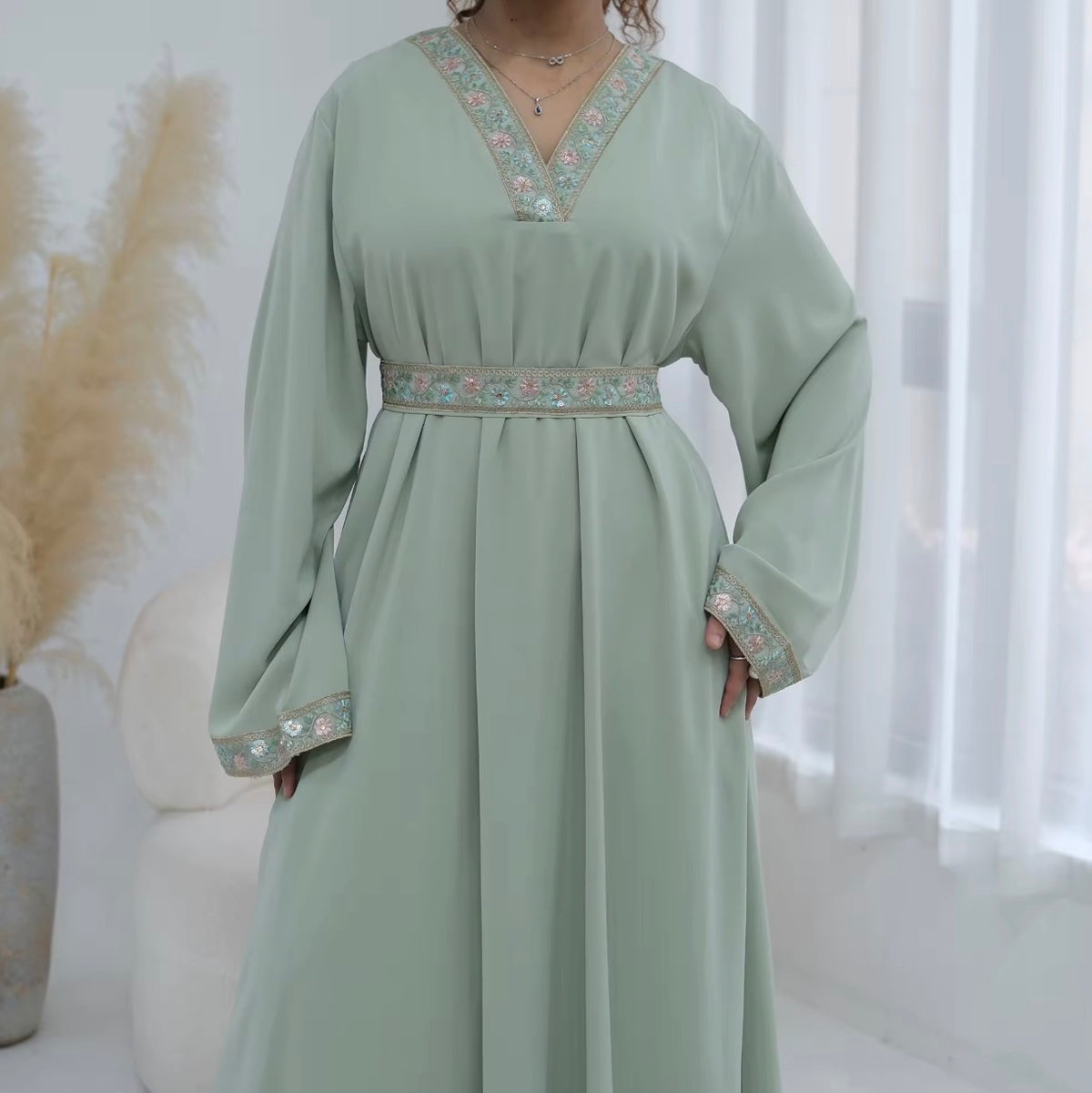 Layla Embroidered Abaya in Sage Green