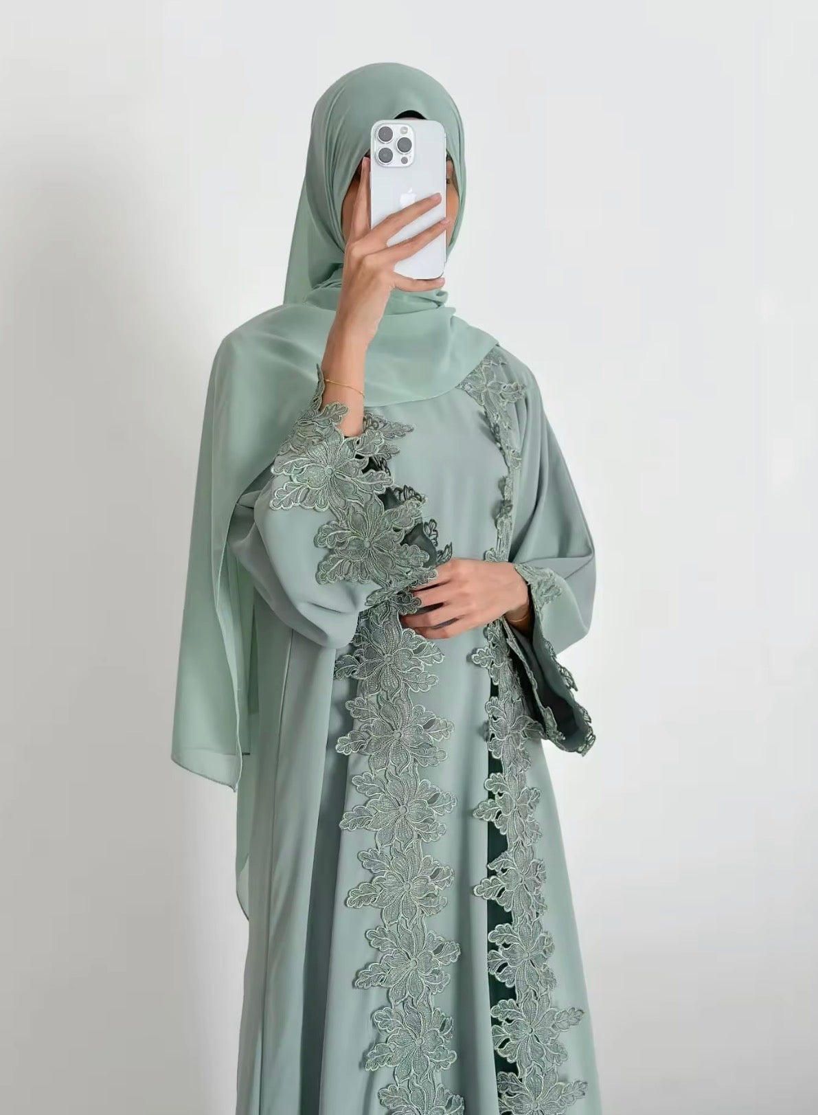 Areej Abaya | 2-Piece Lace Abaya Set in Sage Green
