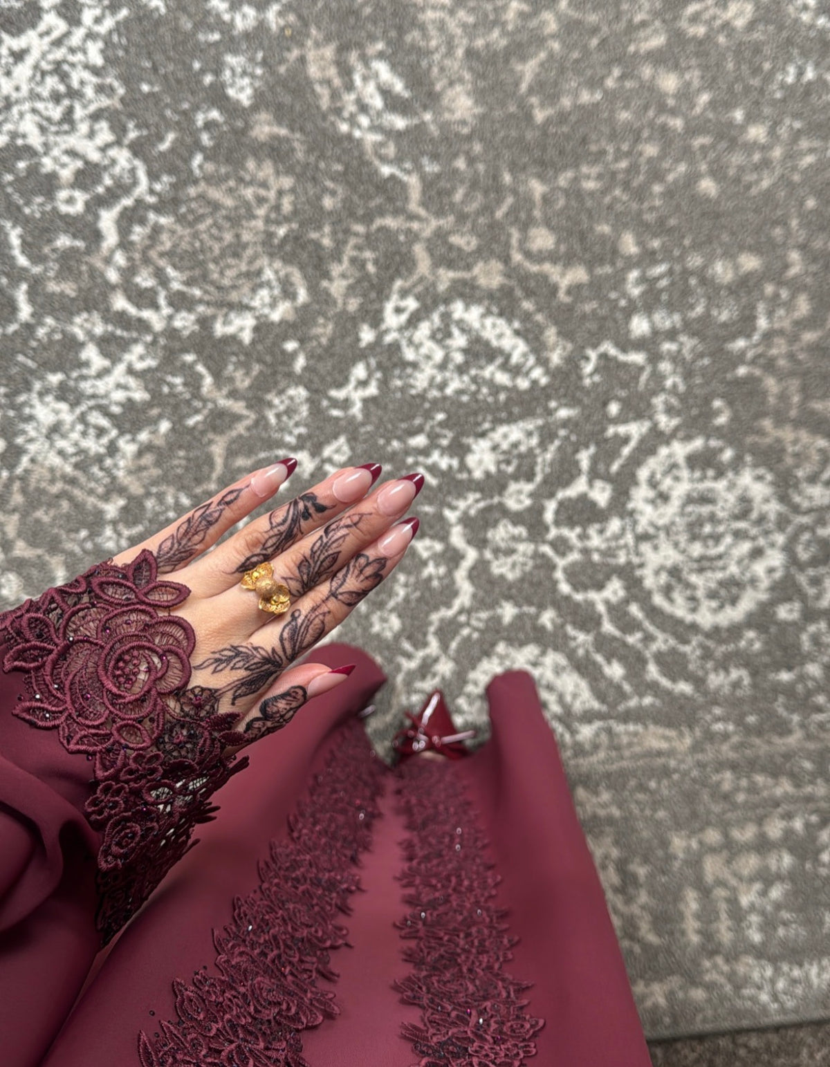 Mira Elegant 3 Piece Lace Abaya Set in Deep Red