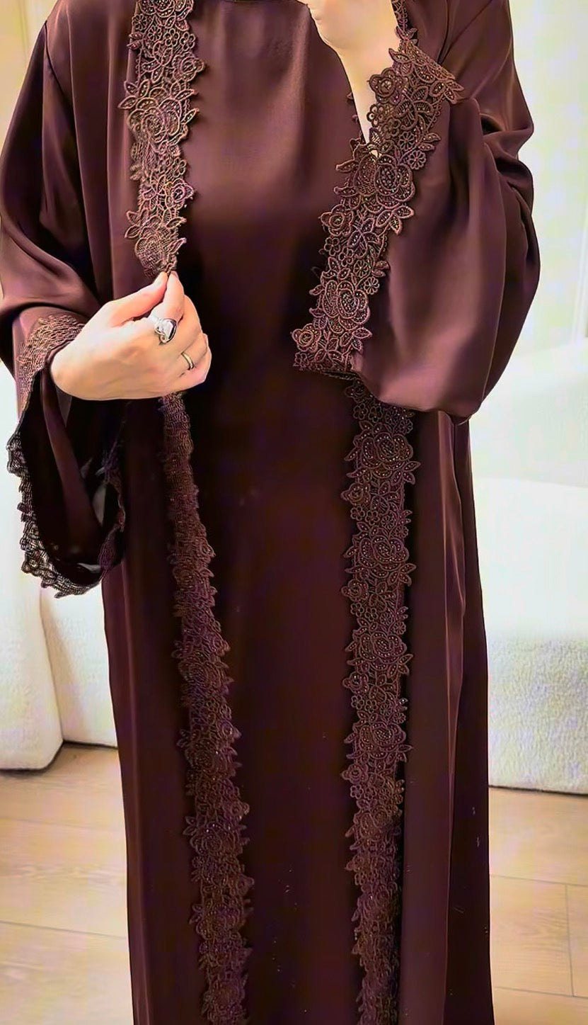 Mira Elegant 3 Piece Lace Abaya Set in Coffee Brown
