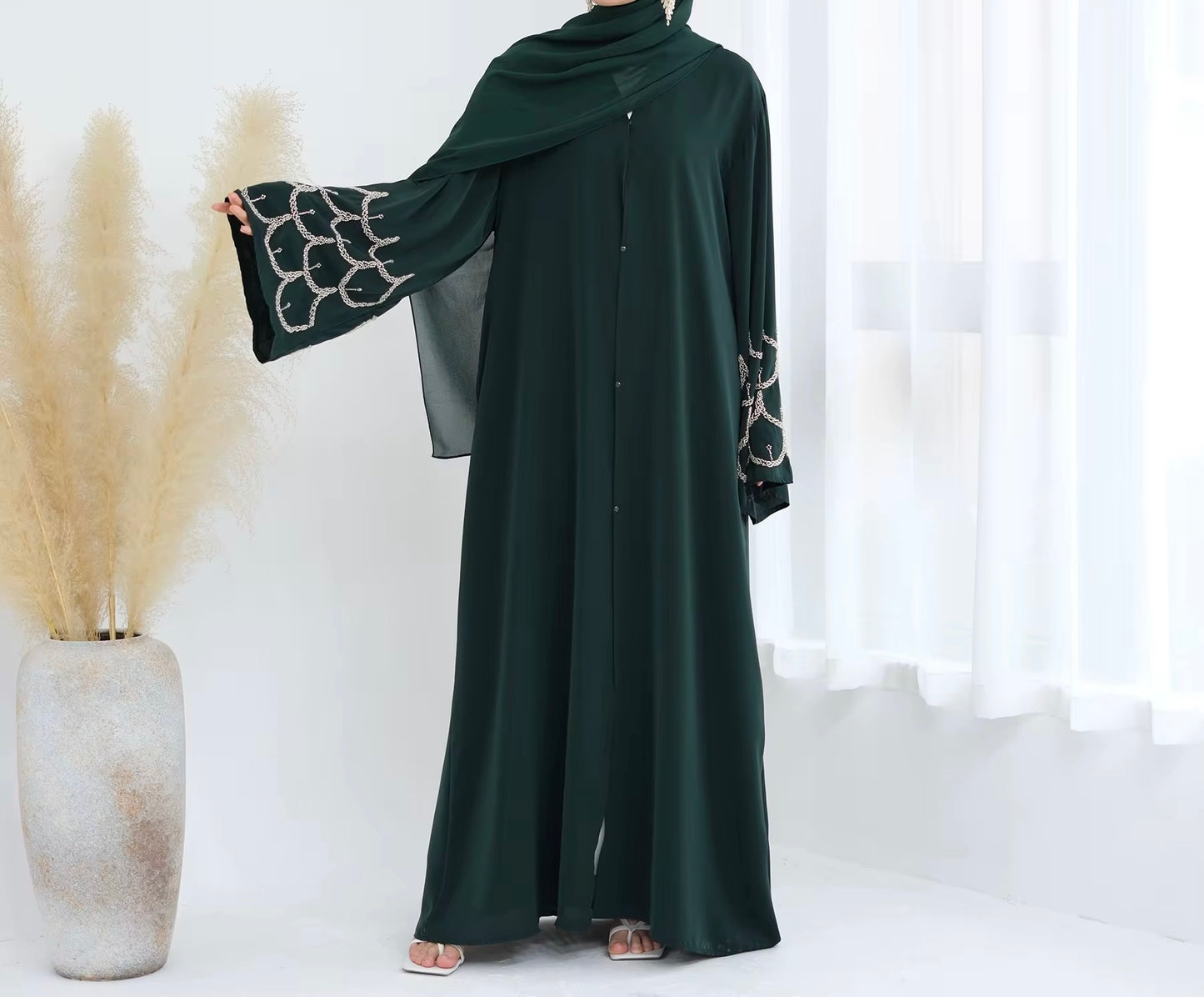 Madiha Beaded Sleeve Emerald Green Abaya