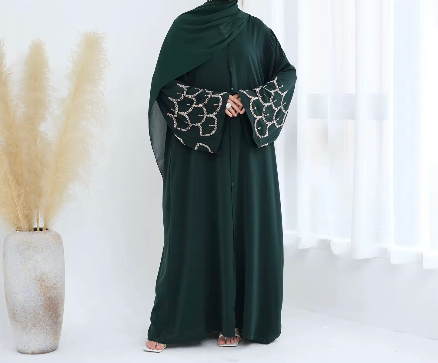 Madiha Beaded Sleeve Emerald Green Abaya