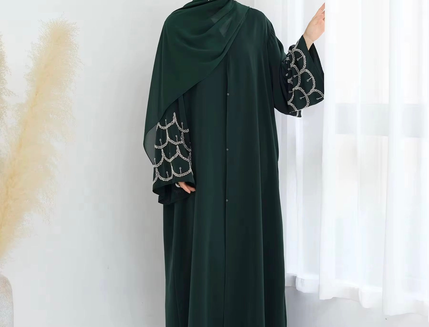 Madiha Beaded Sleeve Emerald Green Abaya