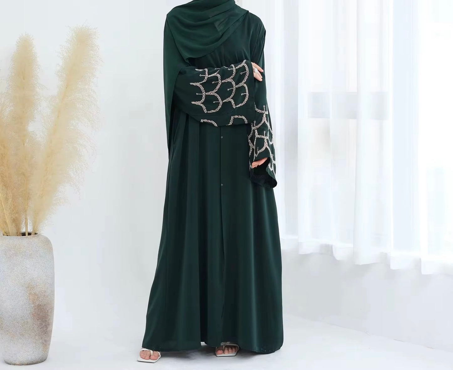 Madiha Beaded Sleeve Emerald Green Abaya