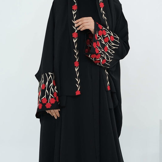Haya Red Floral Embroidery Abaya and Hijab Set