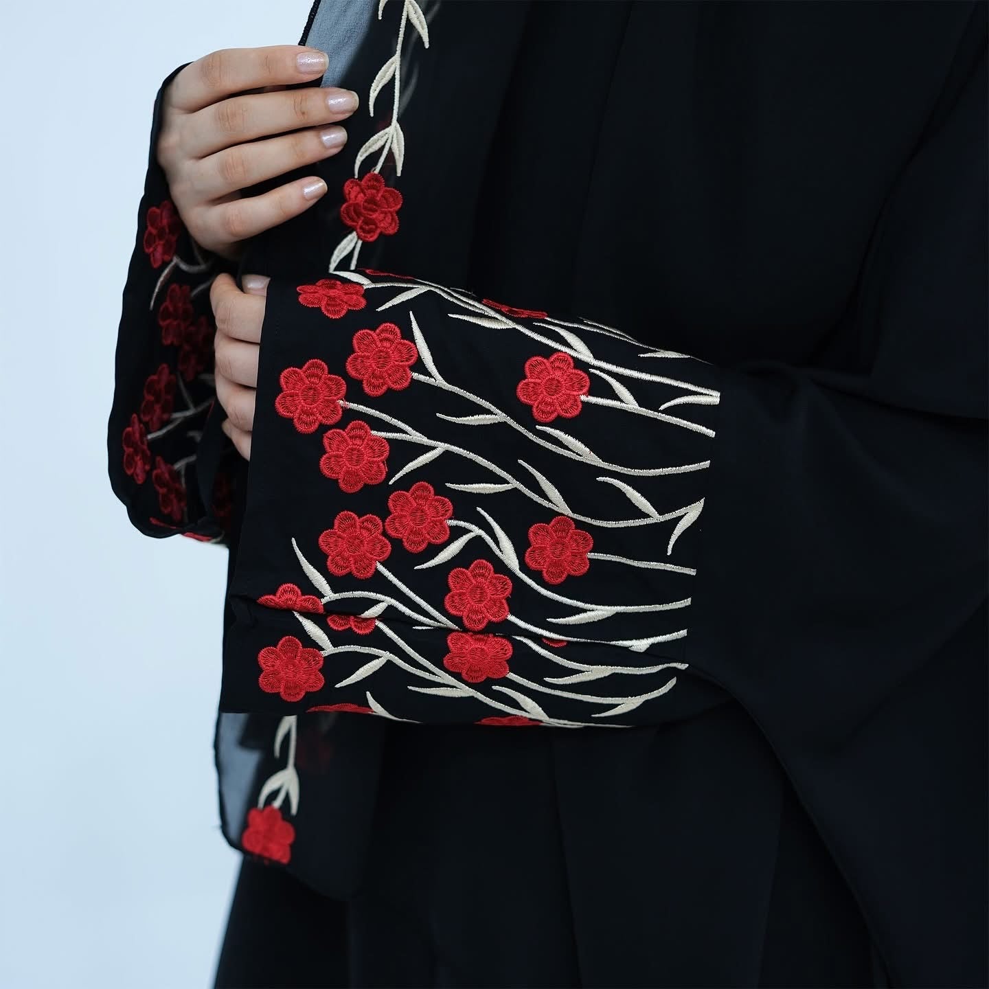Haya Red Floral Embroidery Abaya and Hijab Set