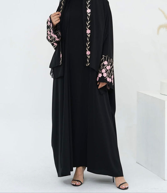 Haya Pink Floral Embroidery Abaya and Hijab Set