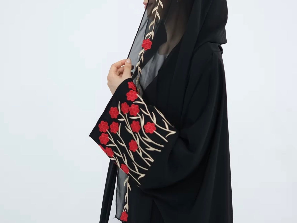 Haya Red Floral Embroidery Abaya and Hijab Set