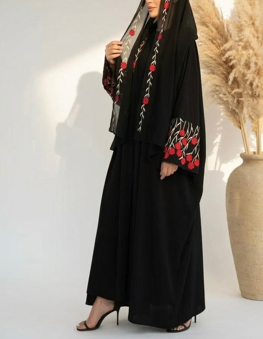 Haya Red Floral Embroidery Abaya and Hijab Set
